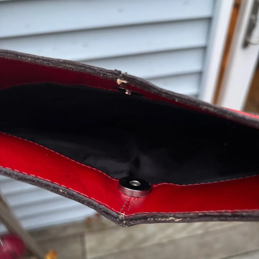 Patchwork Y2K Shoulder Bag Red Burgundy Brown‎ Studded Magnetic Snap